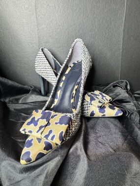 Tory Burch Cleo Tweed Pumps Silk Bow Heels Navy Blue Womens Shoes Size 8